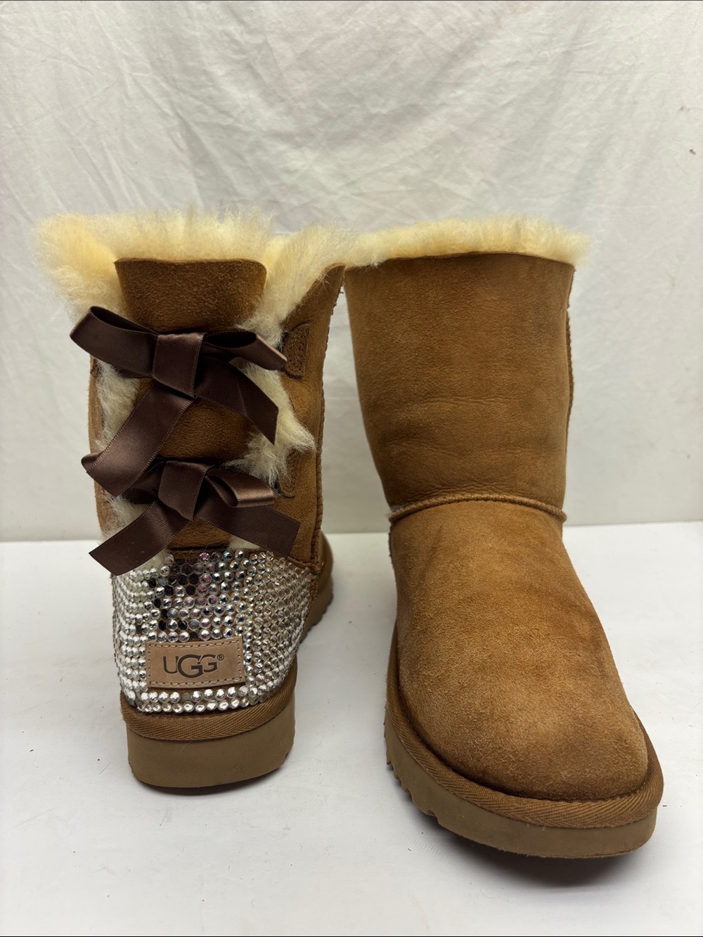 UGG Chestnut Sheepskin Short Boots with Rhinestone Bow Detail, SZ 7